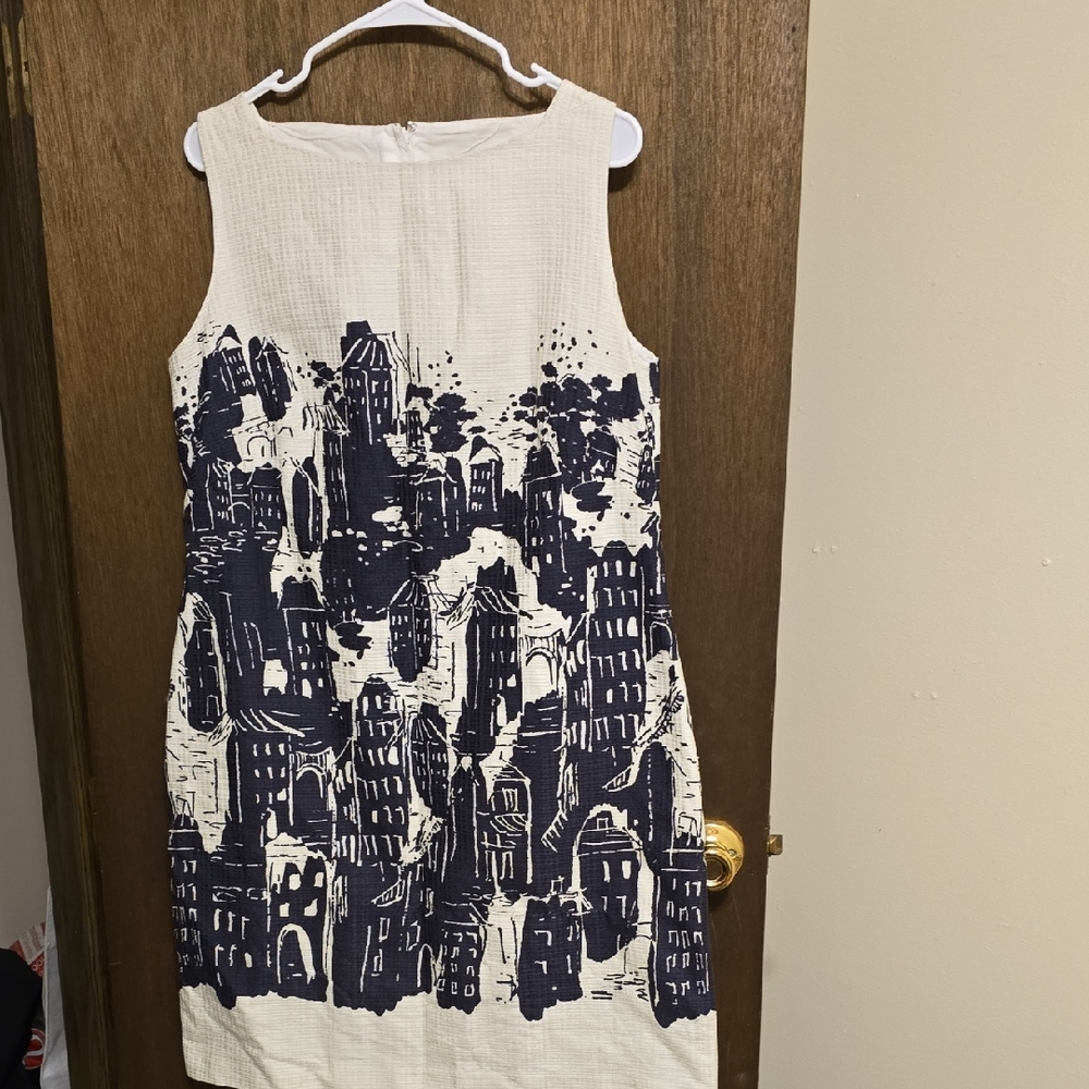 Hobbs London White and Blue Cityscape Dress